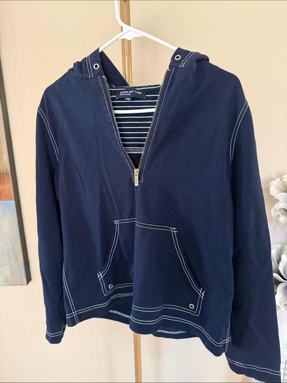 Jones New York Navy Hooded Pullover with Contrast Stitching
